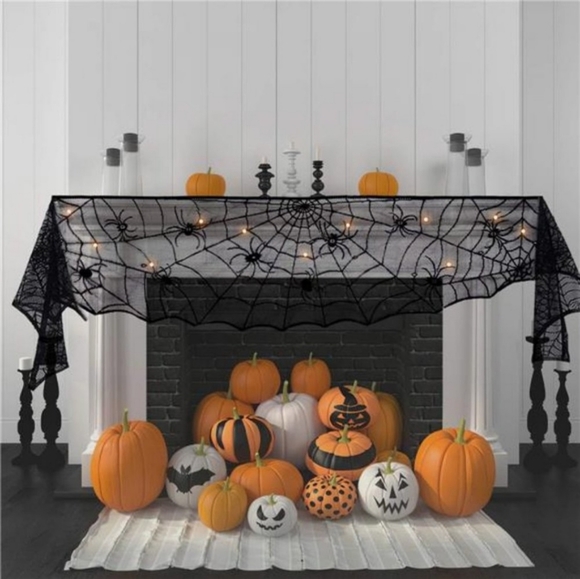 Black lace light up spider web mantel scarf 96" - Picture 6 of 11